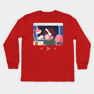 Lofi Hip-hop and chill sweater, YouTube, 24/7 Music Study Beats To Relax To, Kawaii Anime Aesthetic, red sweater grey sweater, sleeve print Kids Long Sleeve T-Shirt